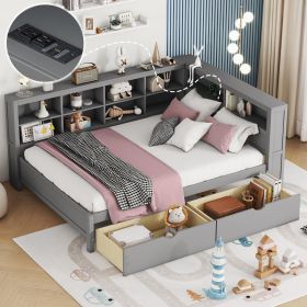 Wooden Full Size DayBed with 2 Drawers, DayBed with Storage Shelf and USB Charging Ports,Grey