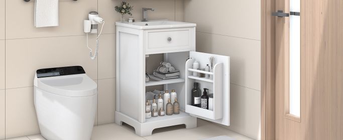 20" Bathroom Vanity with Sink, Bathroom Cabinet with Soft Closing Door, Storage Rack and Adjustable Shelve, White