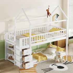 TWIN/TWIN HOUSE BUNK BED WITH SHELVES AND DRAWERS FOR WHITE COLOR