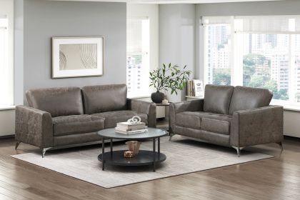 Elegant Modern Style 2pc Sofa Set Brownish Gray Polished Microfiber Upholstery Sofa Loveseat Set Solid Wood Living Room Furniture Silver Finish Metal