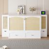 Queen Size Murphy Bed Wall Bed with Drawer and Rattan Decoration with 2 Storage Cabinets, One set of Sockets & USB Ports, Pulley Structure Design, Whi