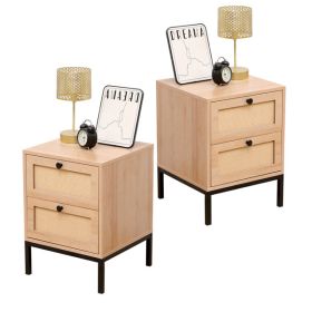 Rattan Nightstand Set of 2,Bedside Table with 2 Natural Rattan Drawers and Metal Legs