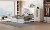 Queen Size Murphy Bed Wall Bed with Drawer and Rattan Decoration with 2 Storage Cabinets, One set of Sockets & USB Ports, Pulley Structure Design, Whi