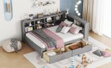 Wooden Full Size DayBed with 2 Drawers, DayBed with Storage Shelf and USB Charging Ports,Grey