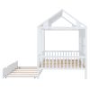 Full Size Wood House Bed With Twin Size Trundle, Wooden Daybed, White