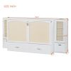 Queen Size Murphy Bed Wall Bed with Drawer and Rattan Decoration with 2 Storage Cabinets, One set of Sockets & USB Ports, Pulley Structure Design, Whi