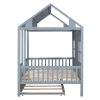 Full Size Wood House Bed With Twin Size Trundle, Wooden Daybed, Gray