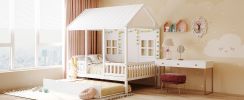 Full Size Wood House Bed With Twin Size Trundle, Wooden Daybed, White