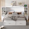 Queen Size Murphy Bed Wall Bed with Drawer and Rattan Decoration with 2 Storage Cabinets, One set of Sockets & USB Ports, Pulley Structure Design, Whi