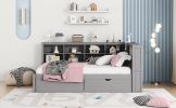 Wooden Full Size DayBed with 2 Drawers, DayBed with Storage Shelf and USB Charging Ports,Grey