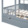 Full Size Wood House Bed With Twin Size Trundle, Wooden Daybed, Gray