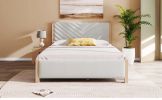 Modern Mid-Century Queen Upholstered Platform Bed Frame with Tufted Headboard and Solid Wood Legs,No Box Spring Needed,Beige