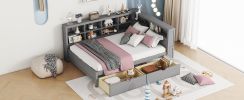 Wooden Full Size DayBed with 2 Drawers, DayBed with Storage Shelf and USB Charging Ports,Grey