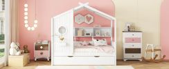 Wooden Twin Size House Bed With Trundle, Modern Design for Kids with Storage Shlef, White