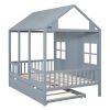 Full Size Wood House Bed With Twin Size Trundle, Wooden Daybed, Gray