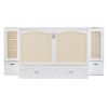 Queen Size Murphy Bed Wall Bed with Drawer and Rattan Decoration with 2 Storage Cabinets, One set of Sockets & USB Ports, Pulley Structure Design, Whi