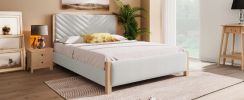 Modern Mid-Century Queen Upholstered Platform Bed Frame with Tufted Headboard and Solid Wood Legs,No Box Spring Needed,Beige