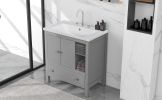 [VIDEO] 30" Bathroom Vanity with Sink, Bathroom Storage Cabinet with Doors and Drawers, Solid Wood Frame, Ceramic Sink, Grey (OLD SKU: JL000002AAG)