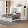 Queen Size Murphy Bed Wall Bed with Drawer and Rattan Decoration with 2 Storage Cabinets, One set of Sockets & USB Ports, Pulley Structure Design, Whi