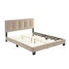 1pc Queen Platform Bed Light Brown Velvet Upholstered Adjustable Height Headboard Button Tufted Solid Wood Bedroom Furniture