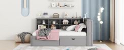 Wooden Full Size DayBed with 2 Drawers, DayBed with Storage Shelf and USB Charging Ports,Grey