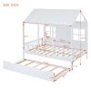 Full Size Wood House Bed With Twin Size Trundle, Wooden Daybed, White