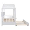 Wooden Twin Size House Bed With Trundle, Modern Design for Kids with Storage Shlef, White