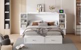 Queen Size Murphy Bed Wall Bed with Drawer and Rattan Decoration with 2 Storage Cabinets, One set of Sockets & USB Ports, Pulley Structure Design, Whi