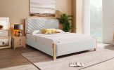 Modern Mid-Century Queen Upholstered Platform Bed Frame with Tufted Headboard and Solid Wood Legs,No Box Spring Needed,Beige