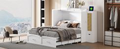 Queen Size Murphy Bed Wall Bed with Drawer and Rattan Decoration with 2 Storage Cabinets, One set of Sockets & USB Ports, Pulley Structure Design, Whi