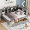 Wooden Full Size DayBed with 2 Drawers, DayBed with Storage Shelf and USB Charging Ports,Grey