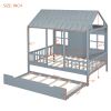 Full Size Wood House Bed With Twin Size Trundle, Wooden Daybed, Gray