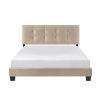 1pc Queen Platform Bed Light Brown Velvet Upholstered Adjustable Height Headboard Button Tufted Solid Wood Bedroom Furniture