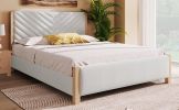 Modern Mid-Century Queen Upholstered Platform Bed Frame with Tufted Headboard and Solid Wood Legs,No Box Spring Needed,Beige