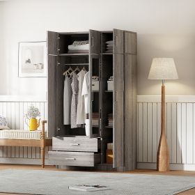 3-Door Mirror Wardrobe with 2 Drawers and Top Cabinet (Color: Gray)