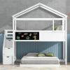 Twin over Full House Bunk Bed with Storage Staircase and Blackboard